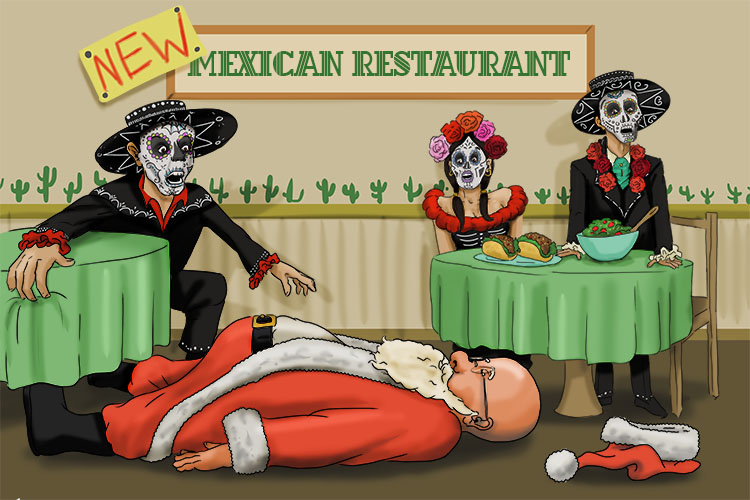 At the new Mexican (New Mexico) restaurant Santa fainted (Santa Fe).